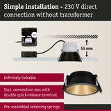 Black recessed spotlight with gold interior and connection box for simple 230V direct installation