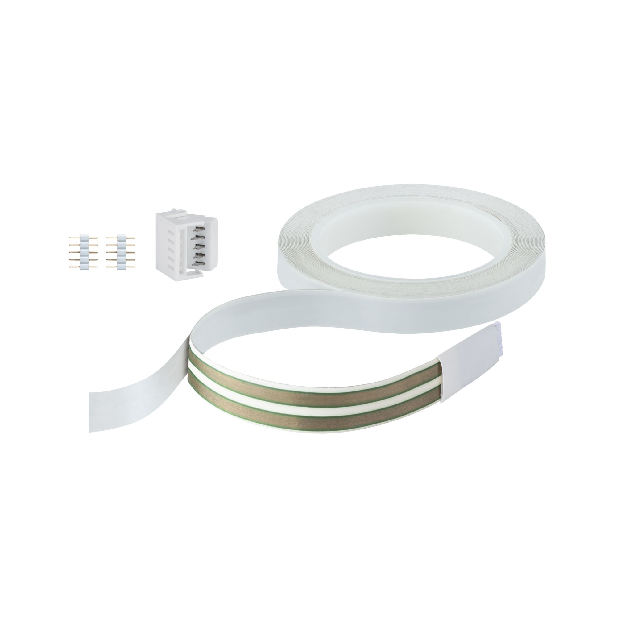 Weißes LED-Klebeband mit Anschlussstücken und Steckern für flexible Lichtbandmontage und LED-Beleuchtung
