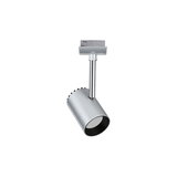 Modern silver metal LED spotlight for track systems, perfect for accent lighting in interiors