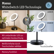 Masua LED-Tischleuchte mit WhiteSwitch-Technologie in Schwarz zeigt drei Weißlichtfarben 2700K, 4000K, 6500K