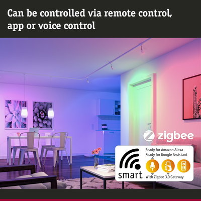 Modern living room with smart LED lights in colorful hues, controllable via app, voice, and remote control
