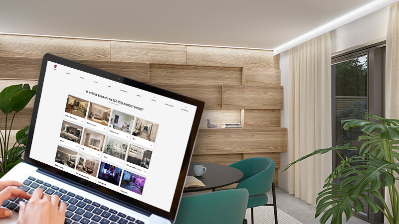 Modernes Wohnzimmer mit weißen Wänden und LED-Deckenleuchten für energiesparende Raumbeleuchtung