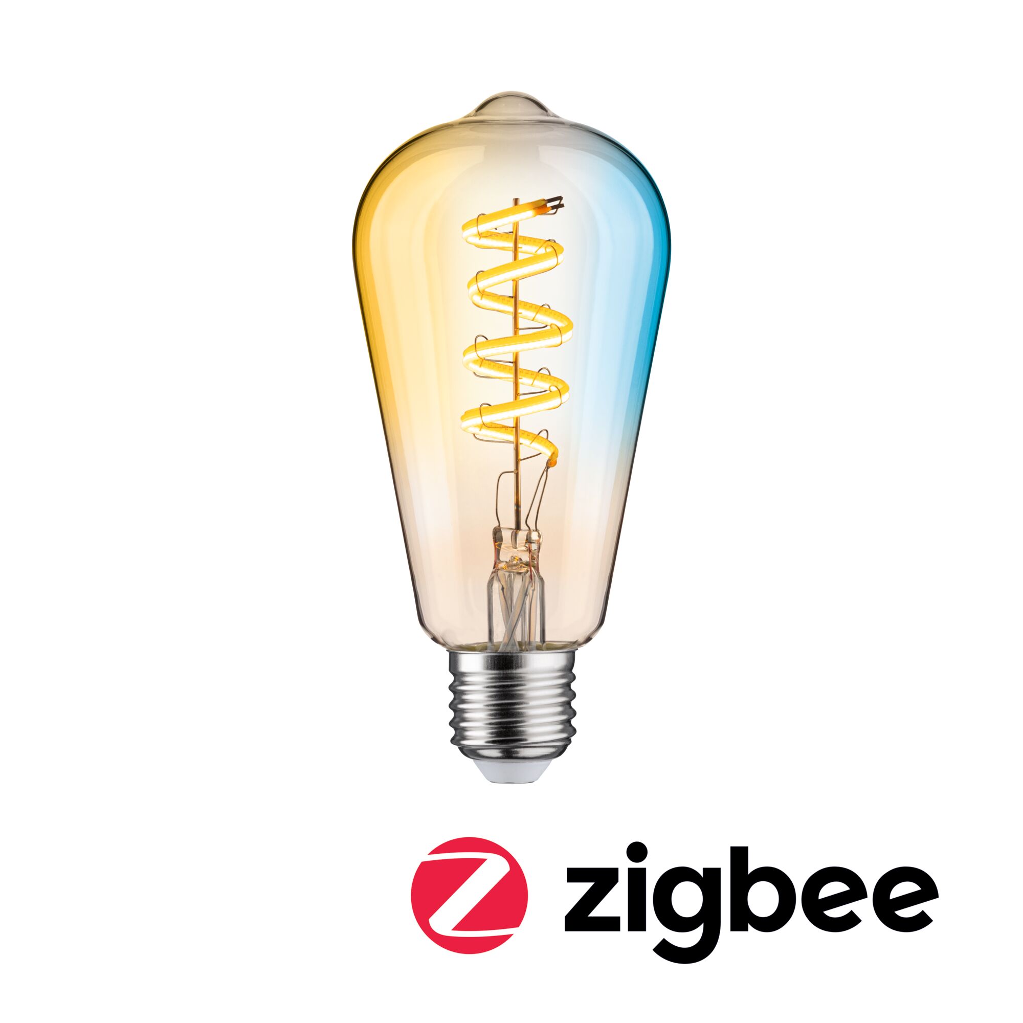 230 V Filament Smart Home Zigbee 3.0 LED Corn ST64 E27 600lm 7,5W Tunable White dimmable Gold Transparent glass bulb with spiral filament and E27 base, Zigbee compatible LED light bulb