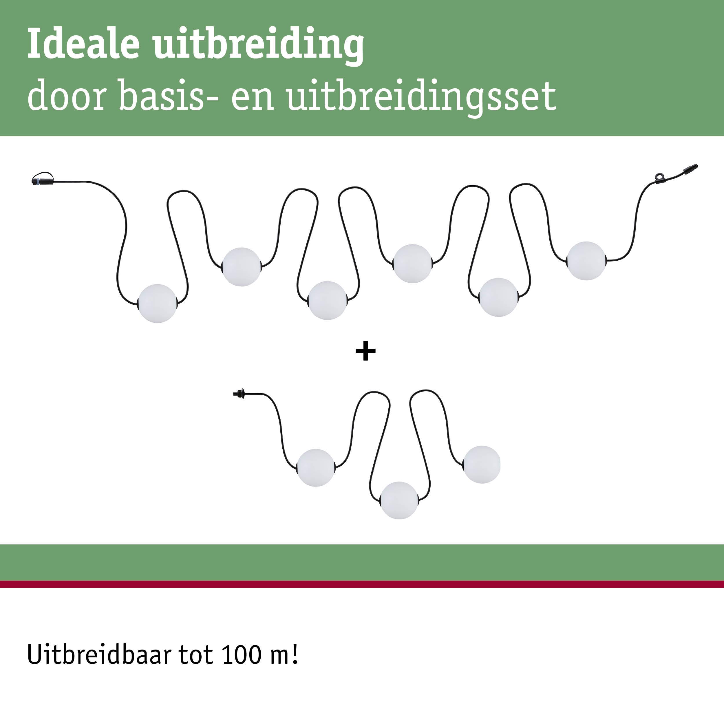 Uitbreidbare LED-lichtset met witte bollen en zwarte kabel voor flexibele verlichting tot 100 meter