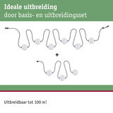 Uitbreidbare LED-lichtset met witte bollen en zwarte kabel voor flexibele verlichting tot 100 meter