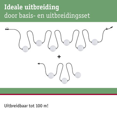 Uitbreidbare LED-lichtset met witte bollen en zwarte kabel voor flexibele verlichting tot 100 meter