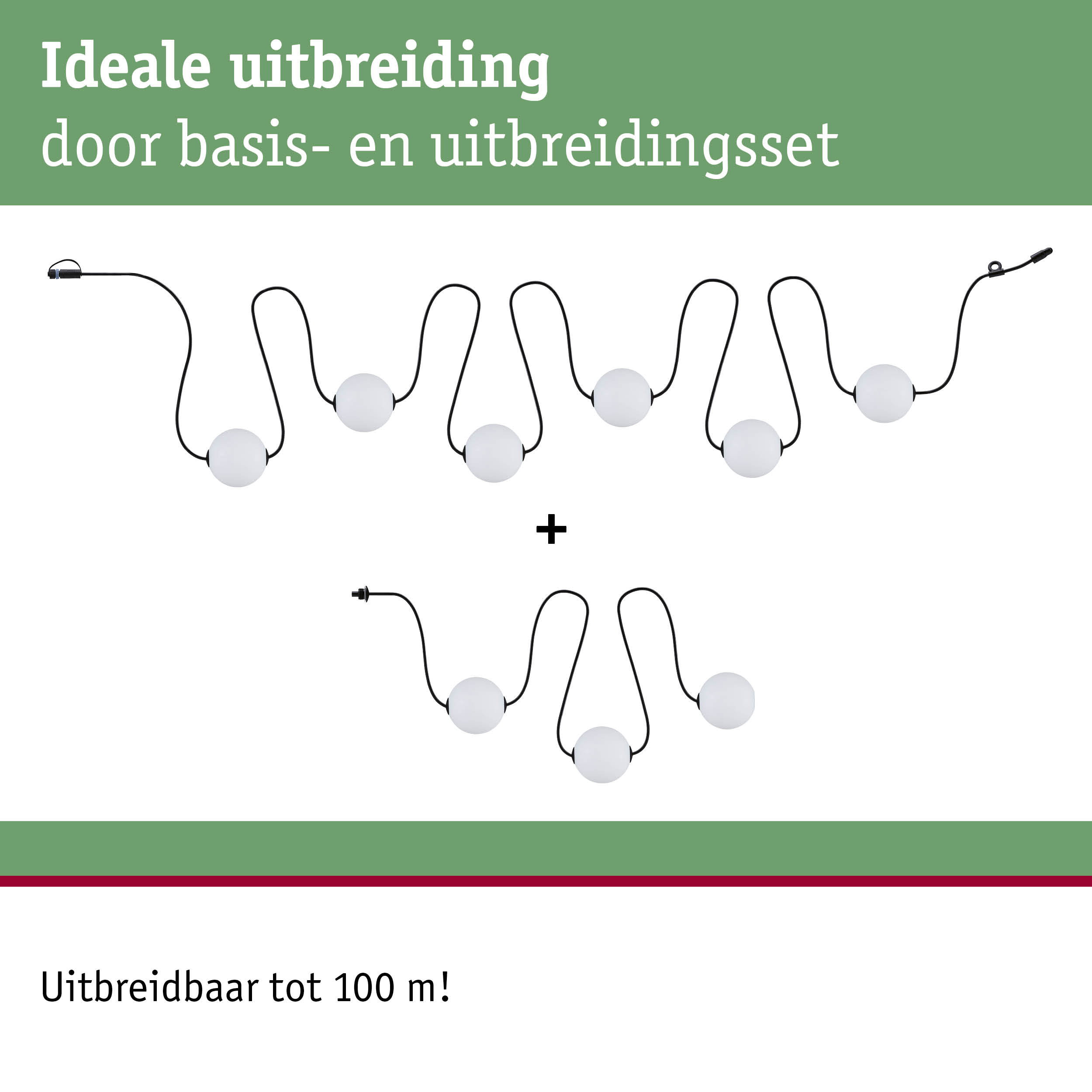 Uitbreidingsset met witte bolverlichting en zwarte kabel, uitbreidbaar tot 100 m voor verlichtingssystemen