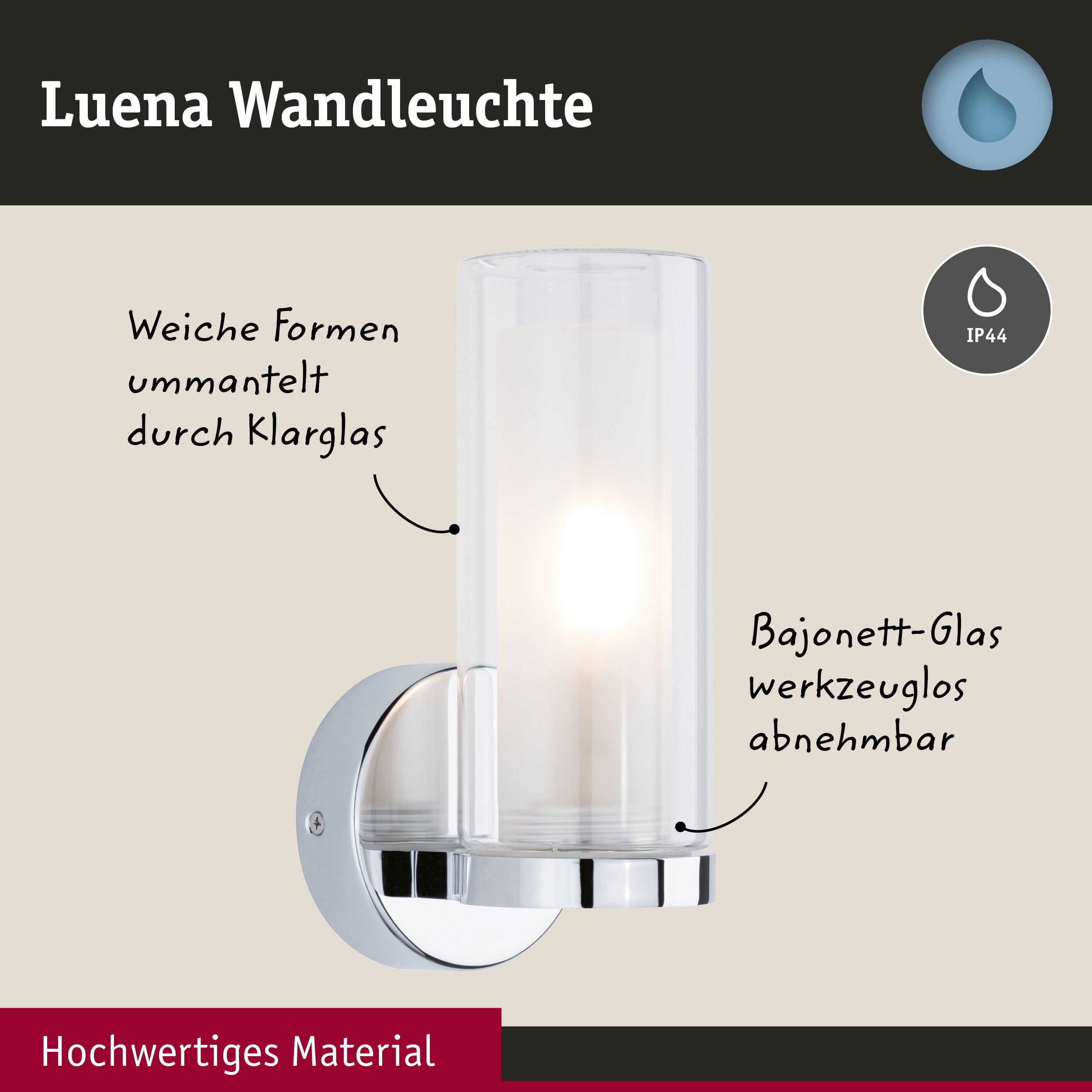 Luena Wandleuchte mit klarem Glas und Chromhalterung, IP44 Schutz für Badezimmerbeleuchtung
