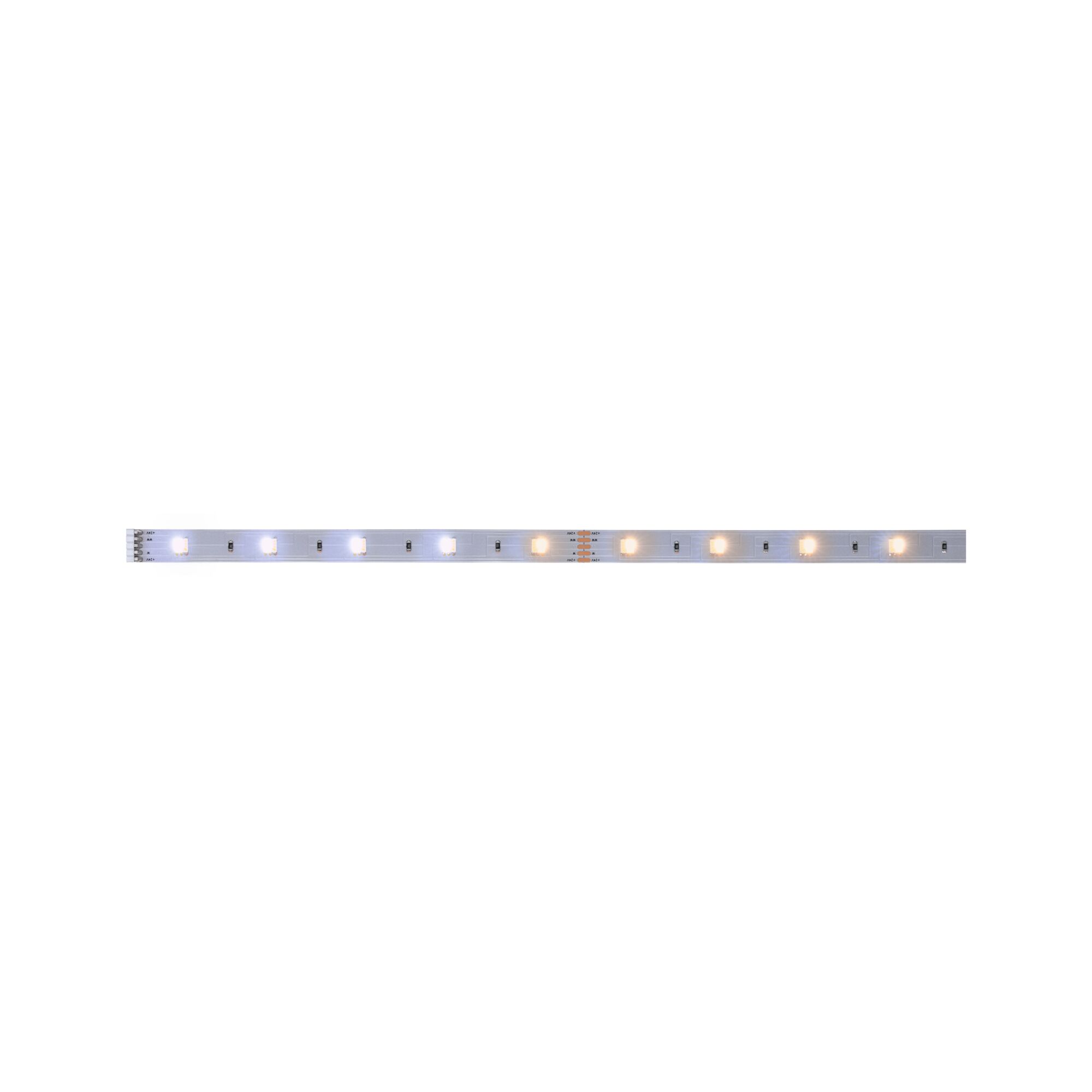 LED-Lichtstreifen mit warmweißen und kaltweißen LEDs auf silberner Platine für flexible Beleuchtung