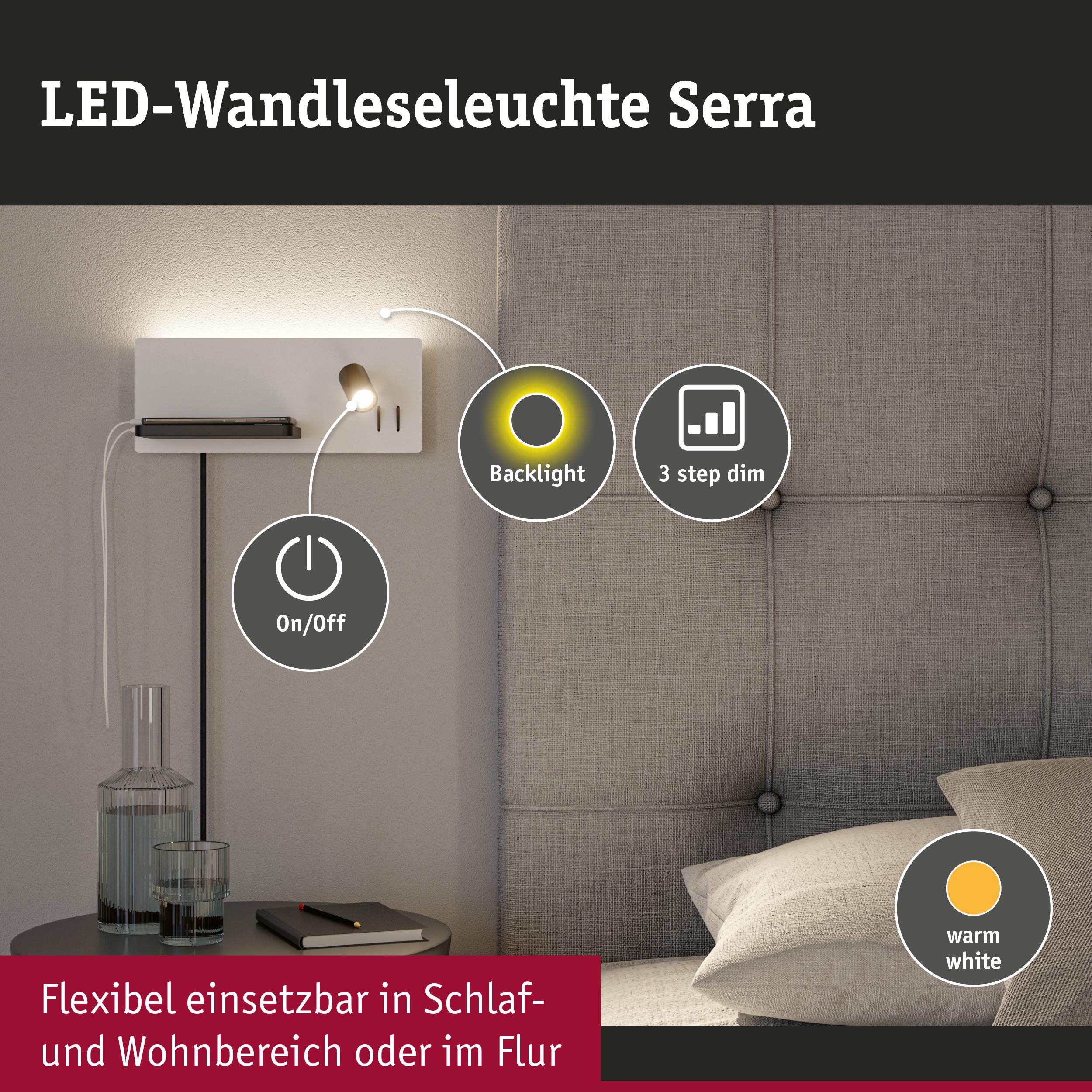 LED-Wandleuchte Serra in Weiß mit warmweißem Licht, dimmbar in 3 Stufen, ideal für Schlaf- und Wohnbereich