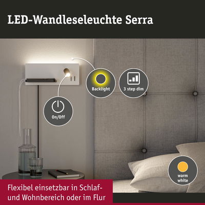 LED-Wandleuchte Serra in Weiß mit warmweißem Licht, dimmbar in 3 Stufen, ideal für Schlaf- und Wohnbereich