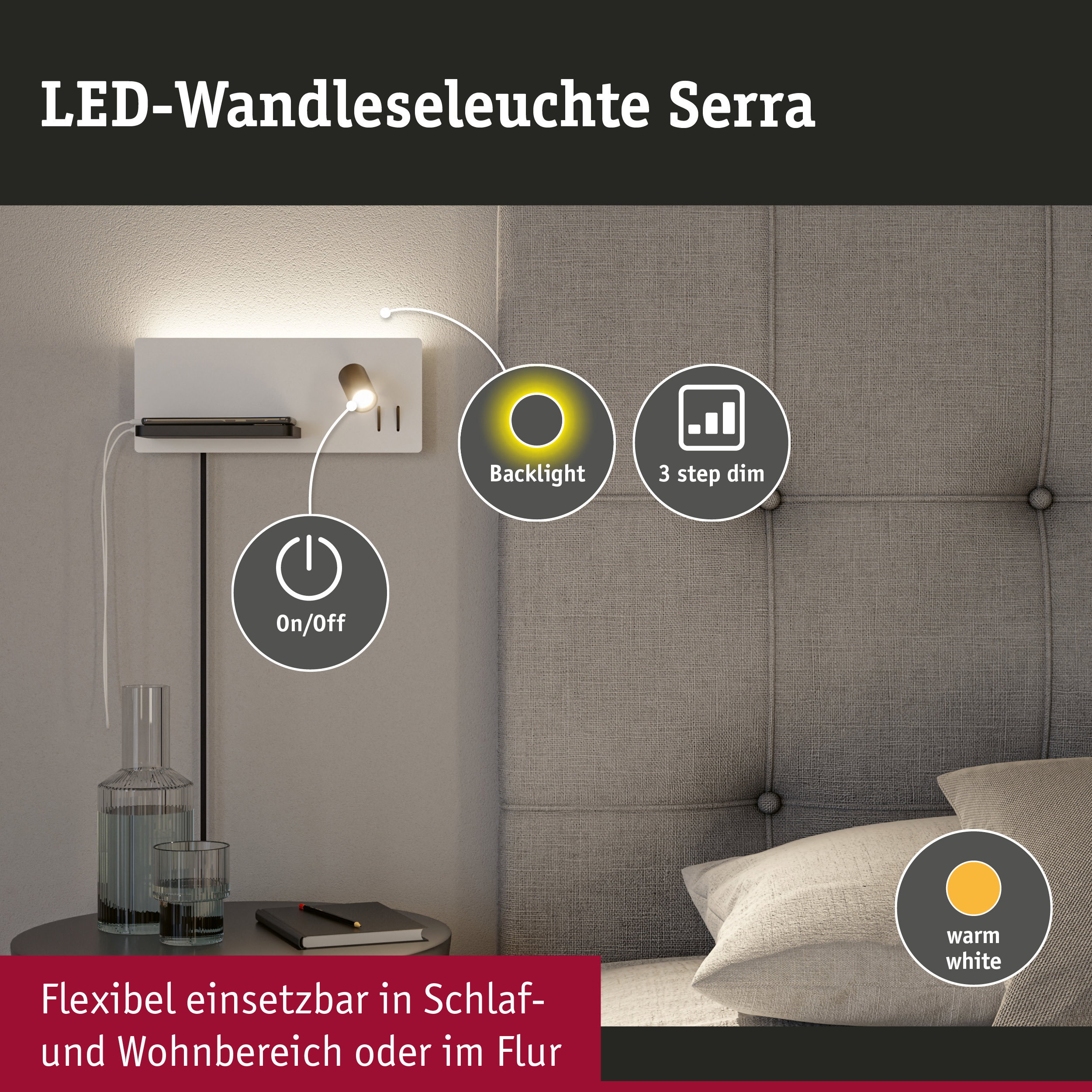 LED-Wandleseleuchte Serra in Weiß mit warmweißem Licht, dimmbar, ideal für Schlaf- und Wohnbereich