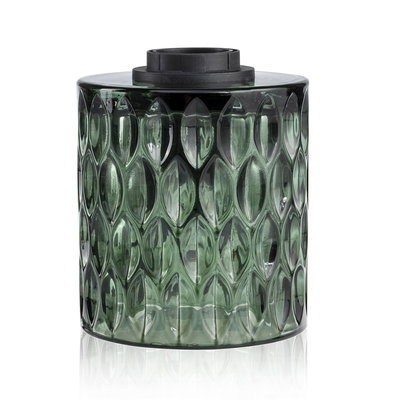 Groen glazen vat met gestructureerd patroon en zwarte deksel, decoratief woonaccessoire