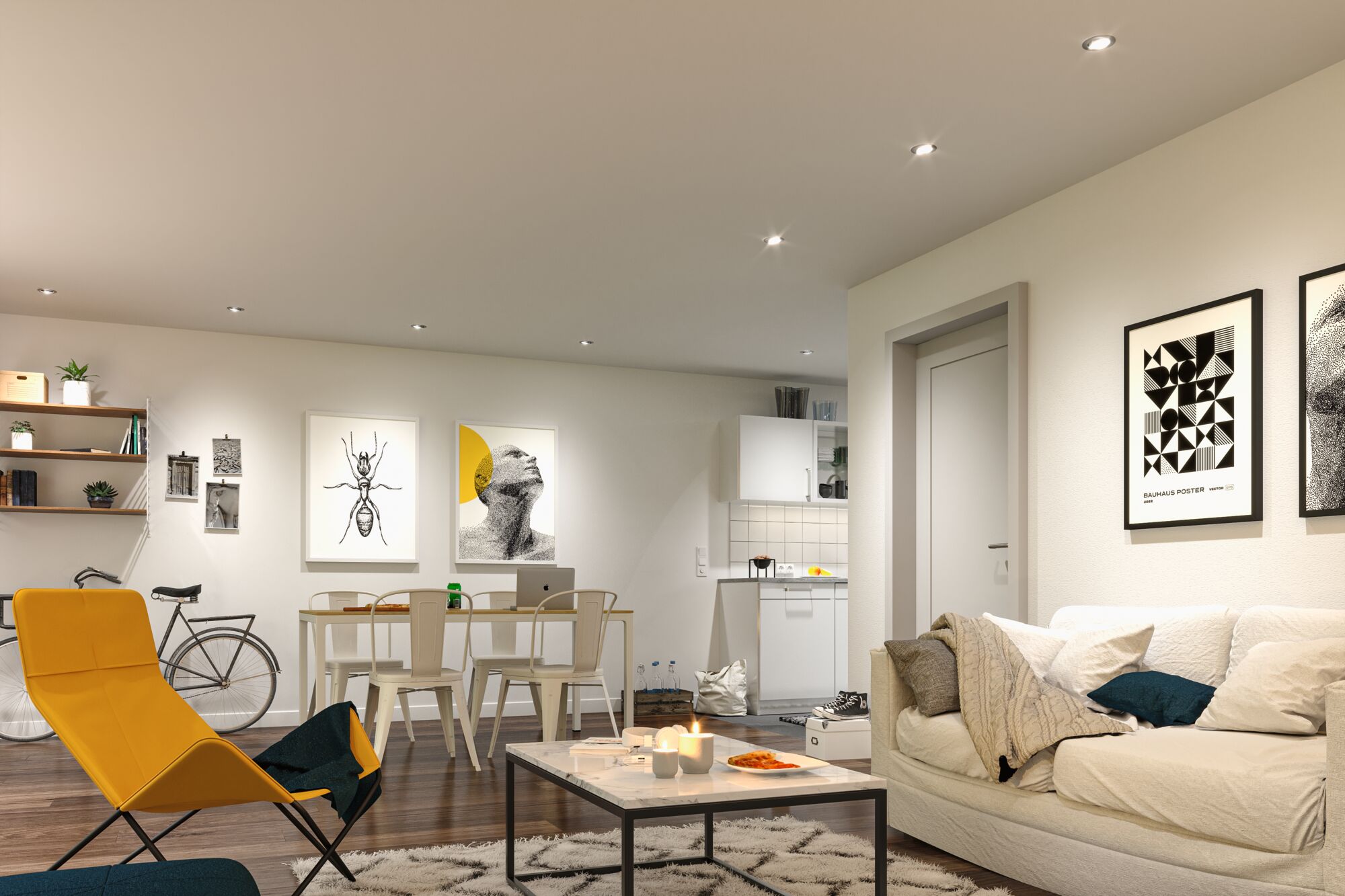 Moderne woonkamer met gele stoel, witte bank en minimalistische LED-plafondlampen voor een gezellige sfeer