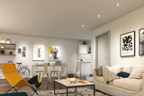Modernes Wohnzimmer mit gelbem Stuhl, weißem Sofa und minimalistischer LED-Deckenbeleuchtung für gemütliche Atmosphäre