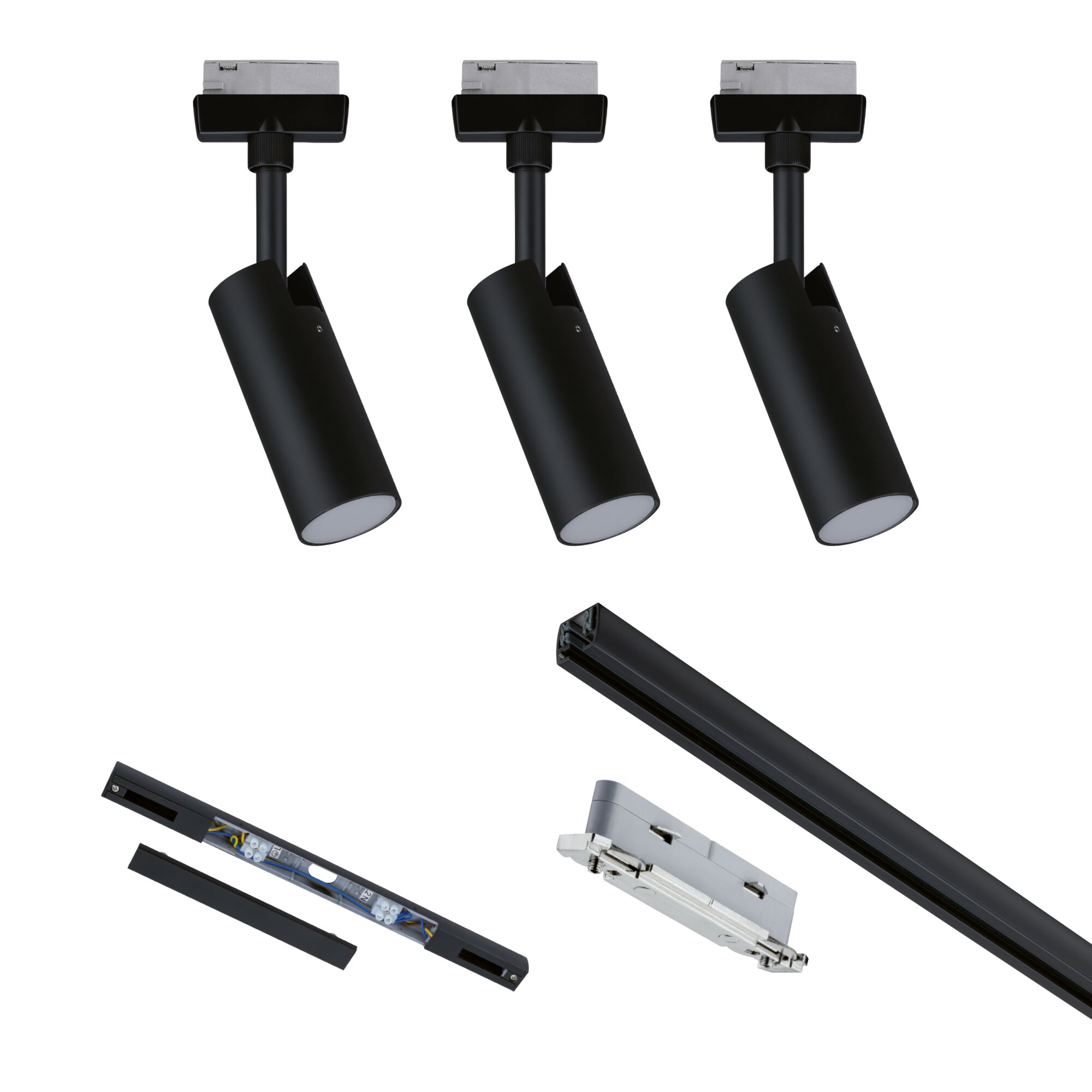 Drie zwarte LED-spotlights met railsysteem en accessoires voor flexibele binnenverlichting.