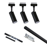 Three black LED spotlights with track system and accessories for flexible indoor lighting.