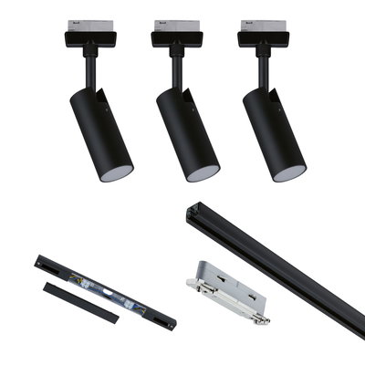 Three black LED spotlights with track system and accessories for flexible indoor lighting.