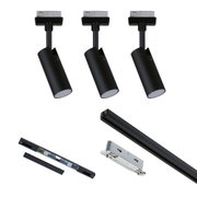 Three black LED spotlights with track system and accessories for flexible indoor lighting.