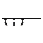 Three black LED spotlights with track system and accessories for flexible indoor lighting.