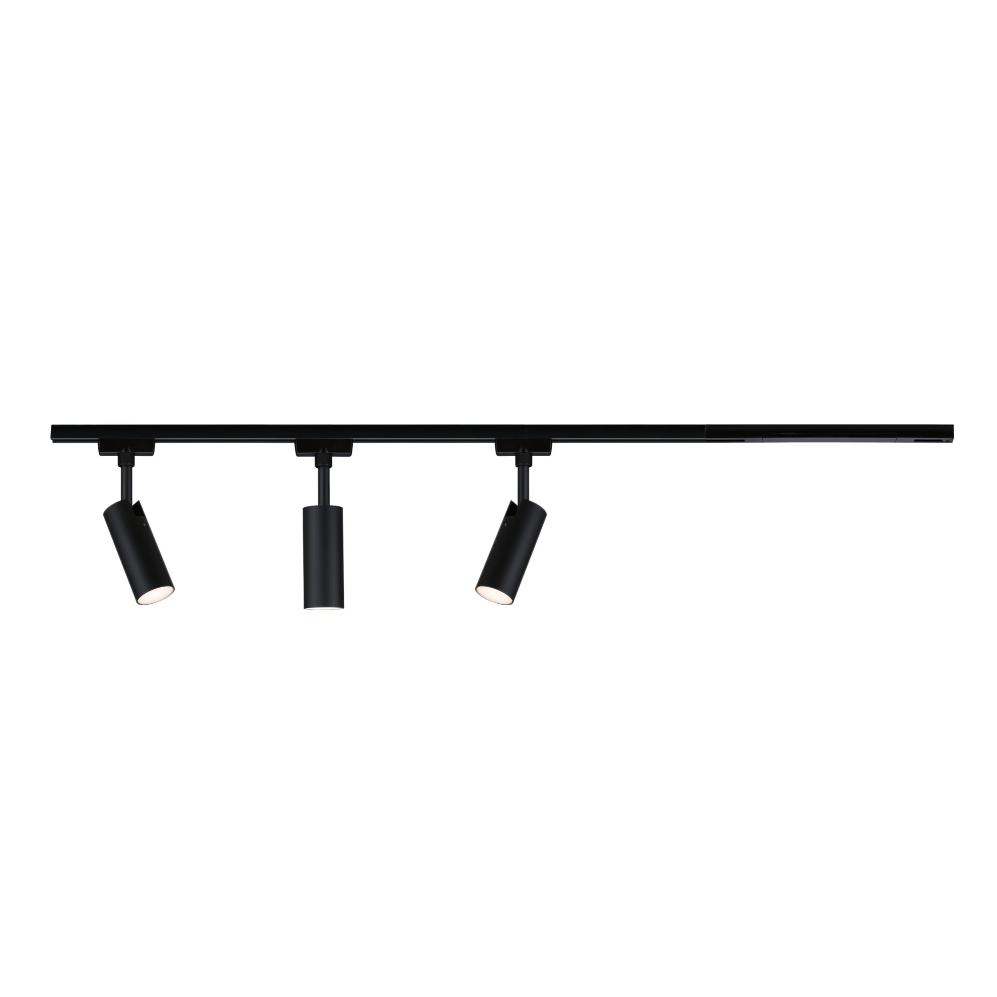 Three black LED spotlights with track system and accessories for flexible indoor lighting.