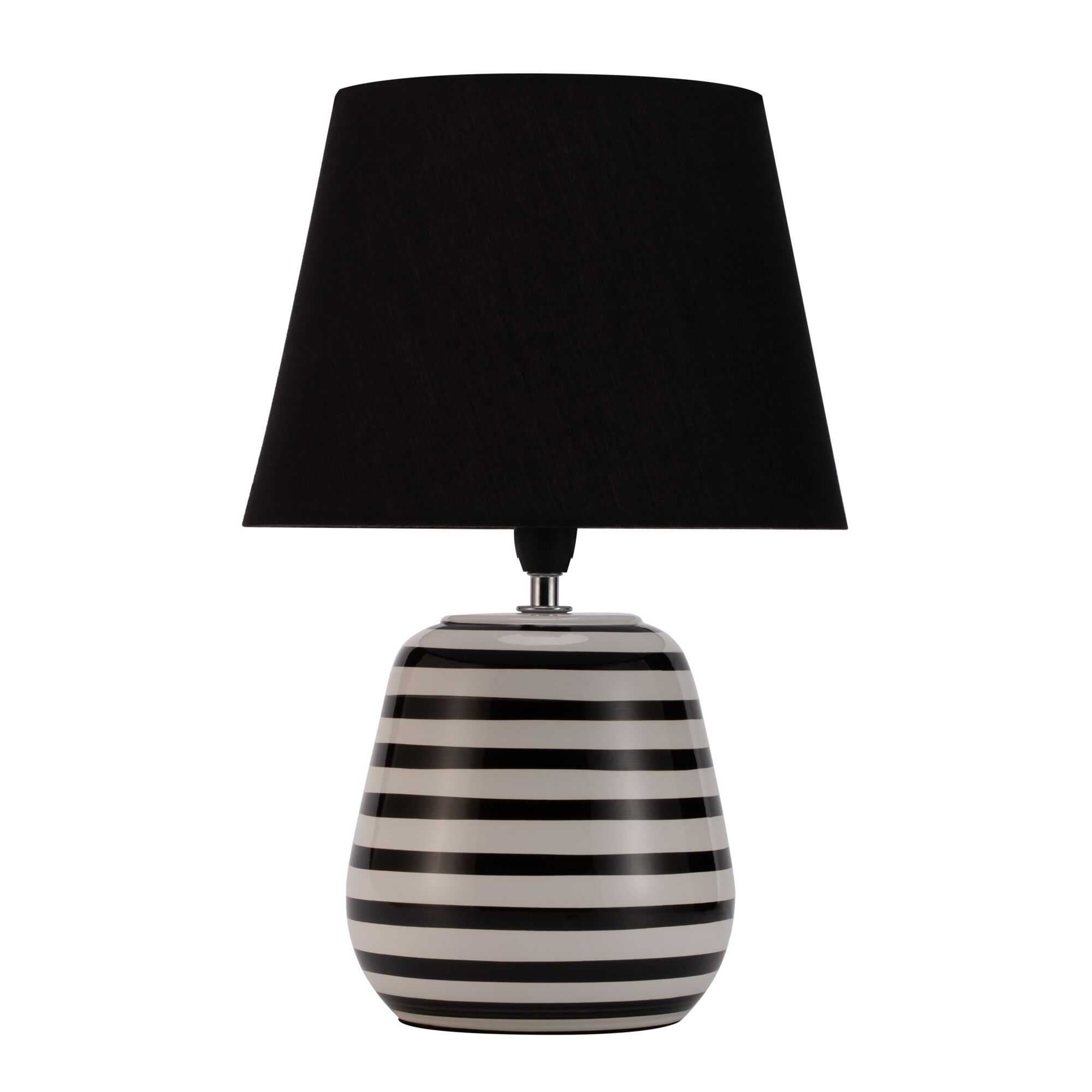Lampe de table avec pied en céramique rayé noir et blanc et abat-jour en tissu noir pour éclairage intérieur