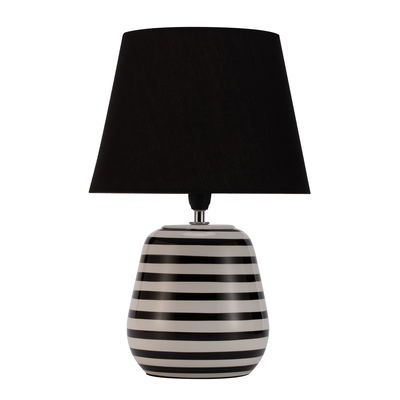 Lampe de table avec pied en céramique rayé noir et blanc et abat-jour en tissu noir pour éclairage intérieur