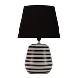 Lampe de table avec pied en céramique rayé noir et blanc et abat-jour en tissu noir pour éclairage intérieur
