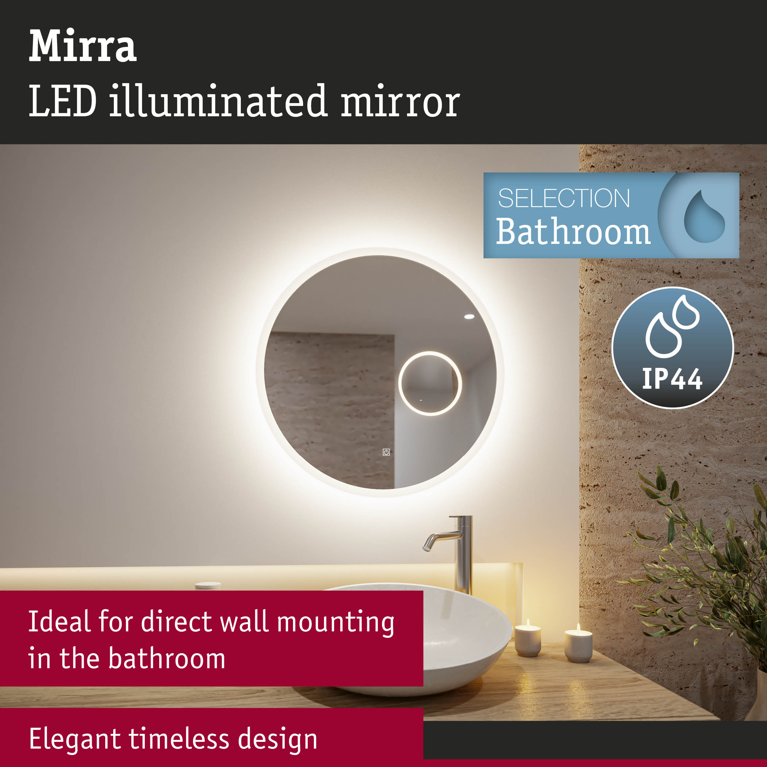 Mirra round LED illuminated bathroom mirror with elegant timeless design and direct wall mounting