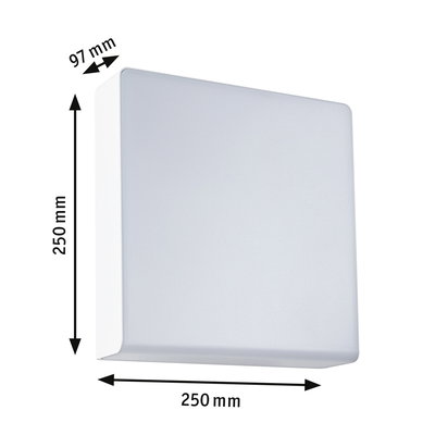 Firkantet hvid LED-væglampe i plastik med målene 250x250x97 mm til indendørs belysning