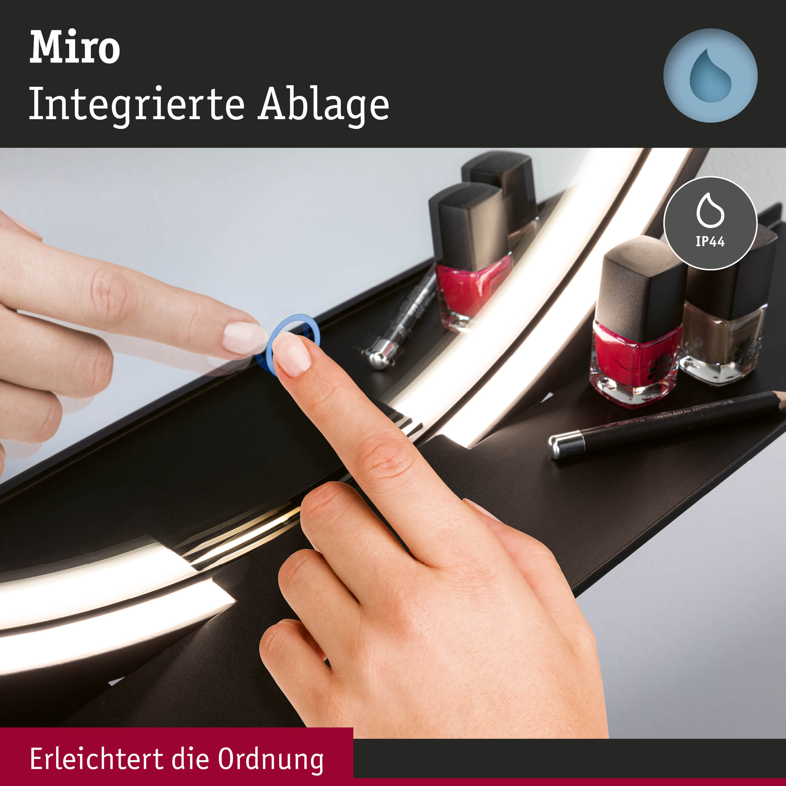 Schwarzer Miro Spiegel mit integrierter Ablage und LED-Beleuchtung, ideal für Make-up und Kosmetik.
