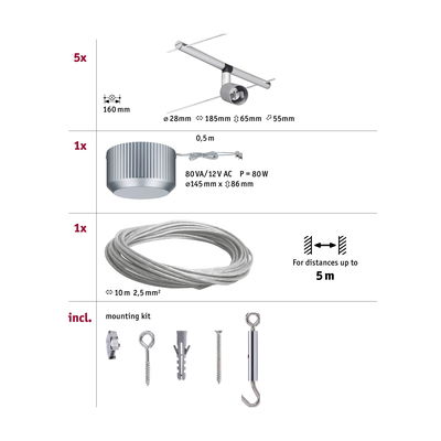 Technical drawing showing 5 silver LED cable spotlights, transformer, 10 m steel cable and mounting kit