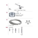 Schéma technique avec 5 spots LED argentés sur câble, transformateur, câble acier 10 m et kit de montage