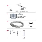 Silver cable lighting system with five LED spotlights, 80W transformer and 10m steel cable for illumination