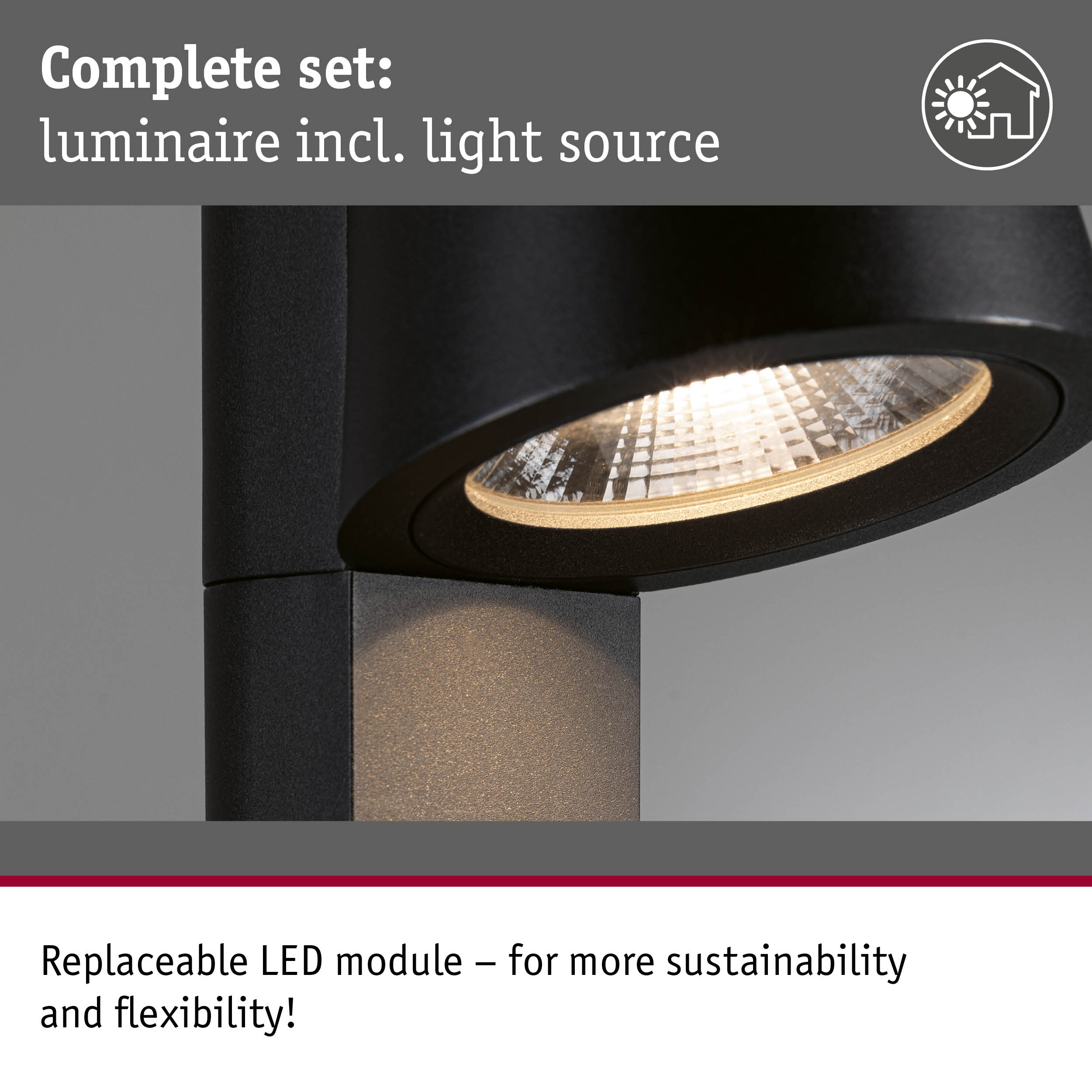 Black LED outdoor wall light with replaceable module for sustainable and flexible lighting solutions