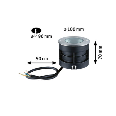 Ronde inbouwspot van zwart kunststof met zilverkleurige metalen rand en kabel, afmetingen 100 mm diameter, 70 mm hoog