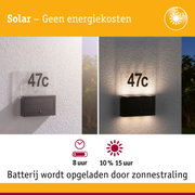 Zonne-energie huisnummerverlichting met zwarte behuizing op witte muur, energiezuinige LED-verlichting