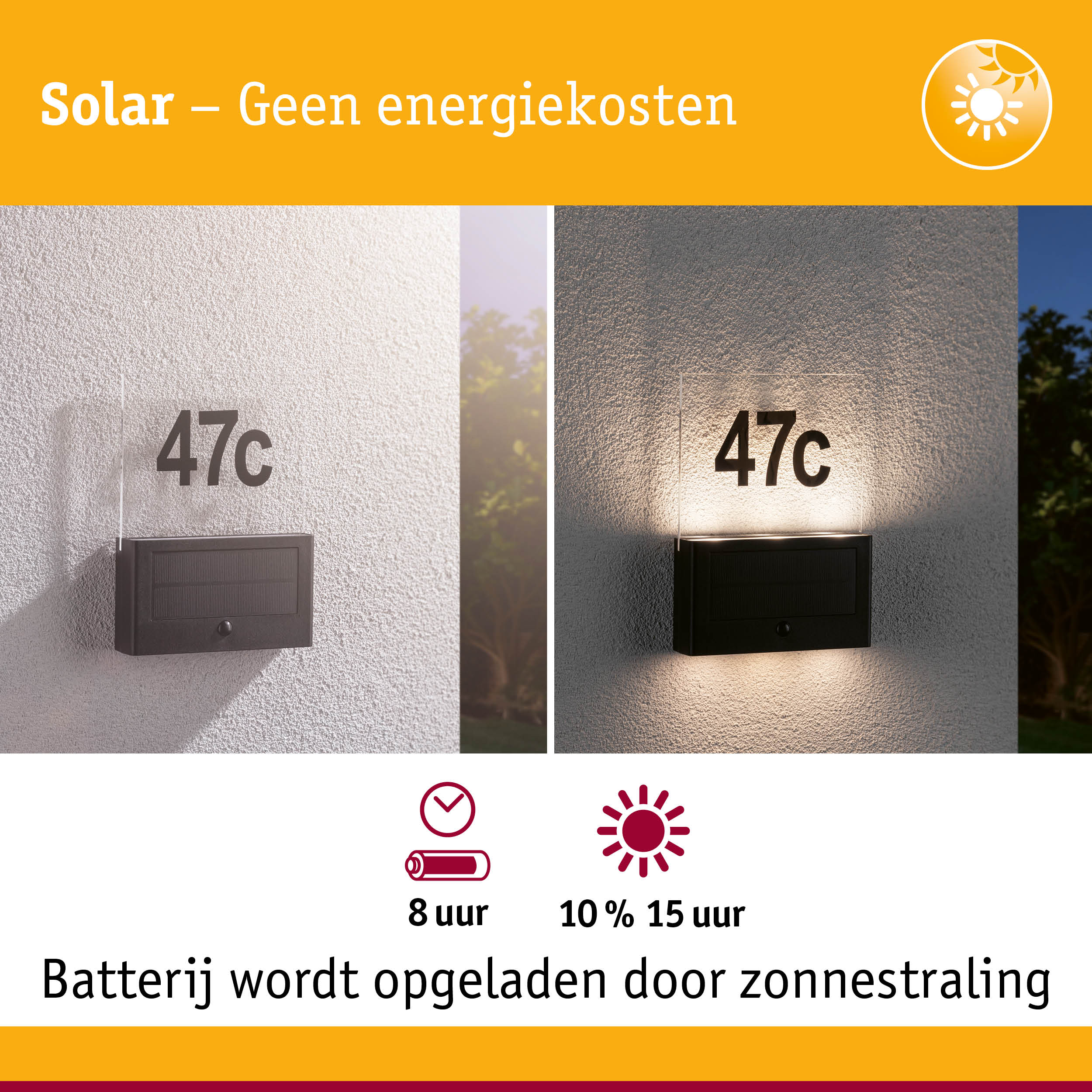 Zonne-energie huisnummerverlichting met zwarte behuizing op witte muur, energiezuinige LED-verlichting
