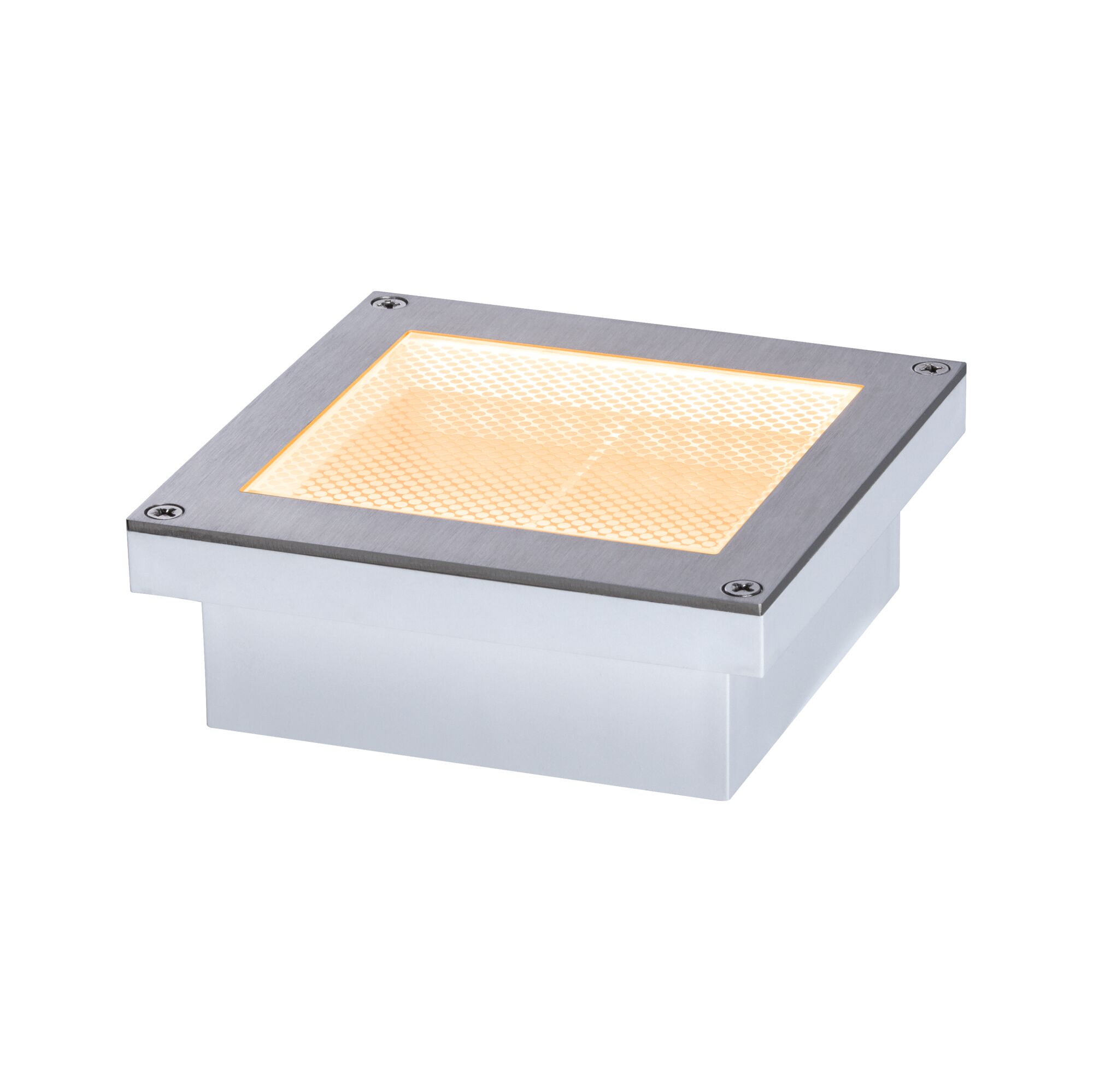 Square stainless steel LED recessed floor light with warm white illumination for outdoor use