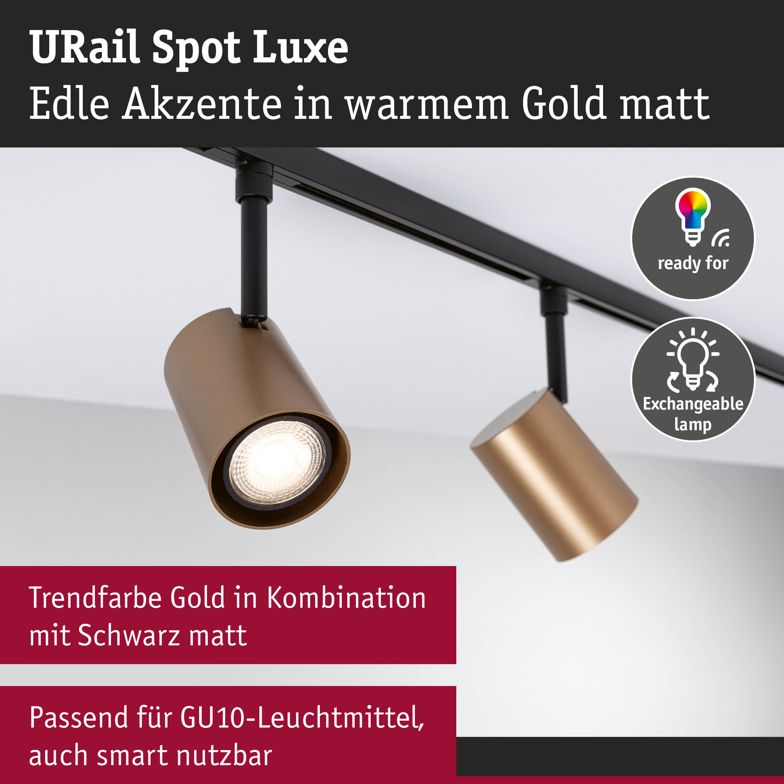 URail Spot Luxe Deckenstrahler in mattem Gold und Schwarz mit austauschbarer Lampe und smartem GU10-Leuchtmittel
