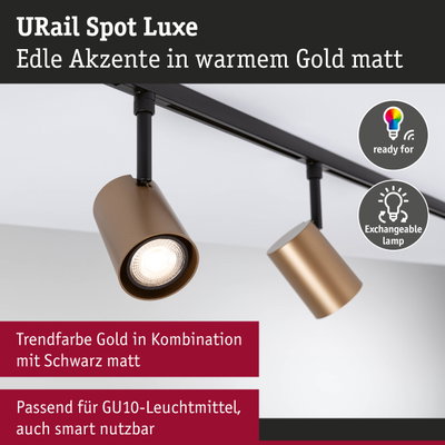 URail Spot Luxe Deckenstrahler in mattem Gold und Schwarz mit austauschbarer Lampe und smartem GU10-Leuchtmittel