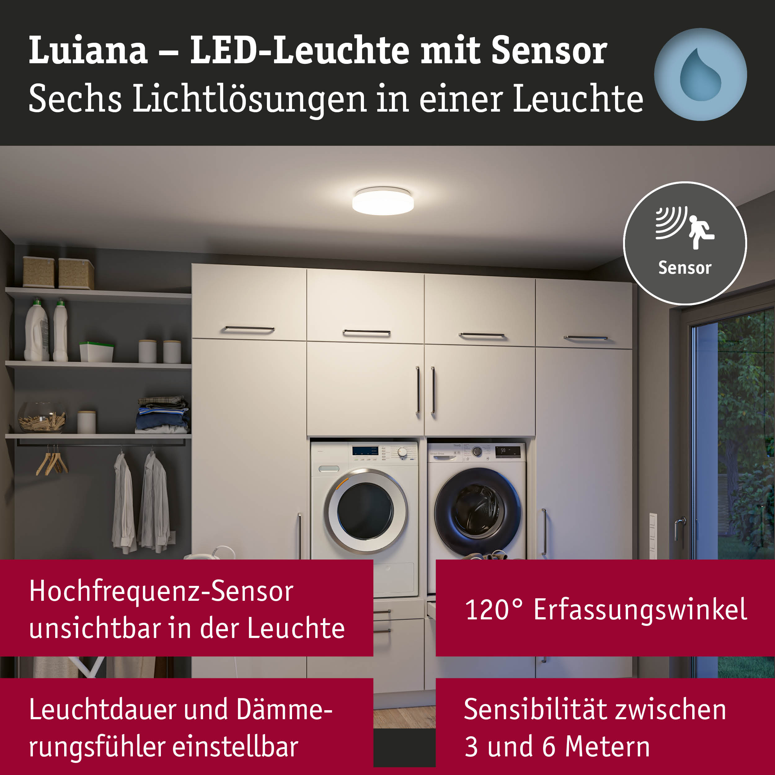Weiße Luiana LED-Deckenleuchte mit Sensor in modernem Waschraum mit Waschmaschine und Trockner