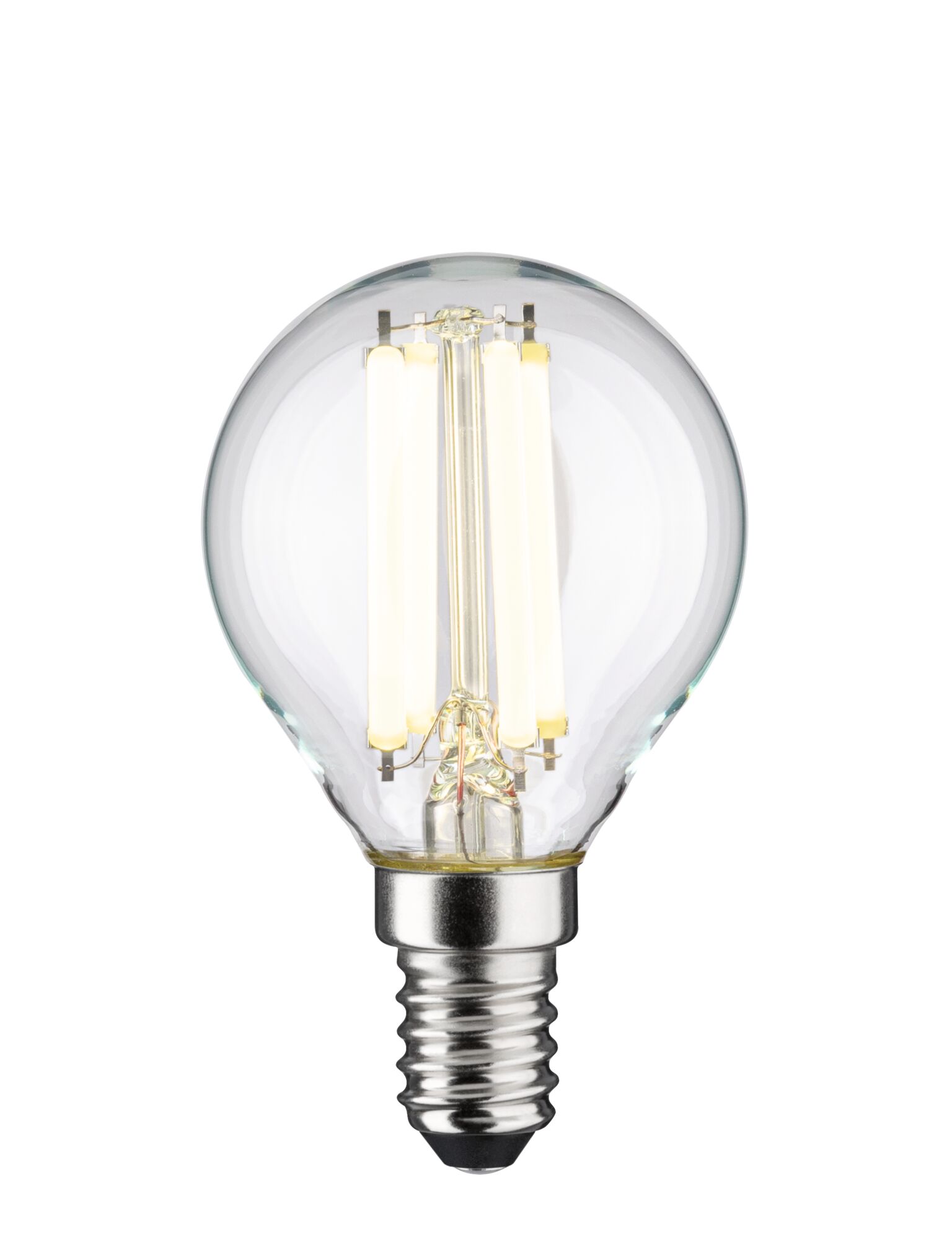 Kleine LED-Glühbirne mit transparentem Glas und silbernem Schraubsockel für energiesparende Beleuchtung