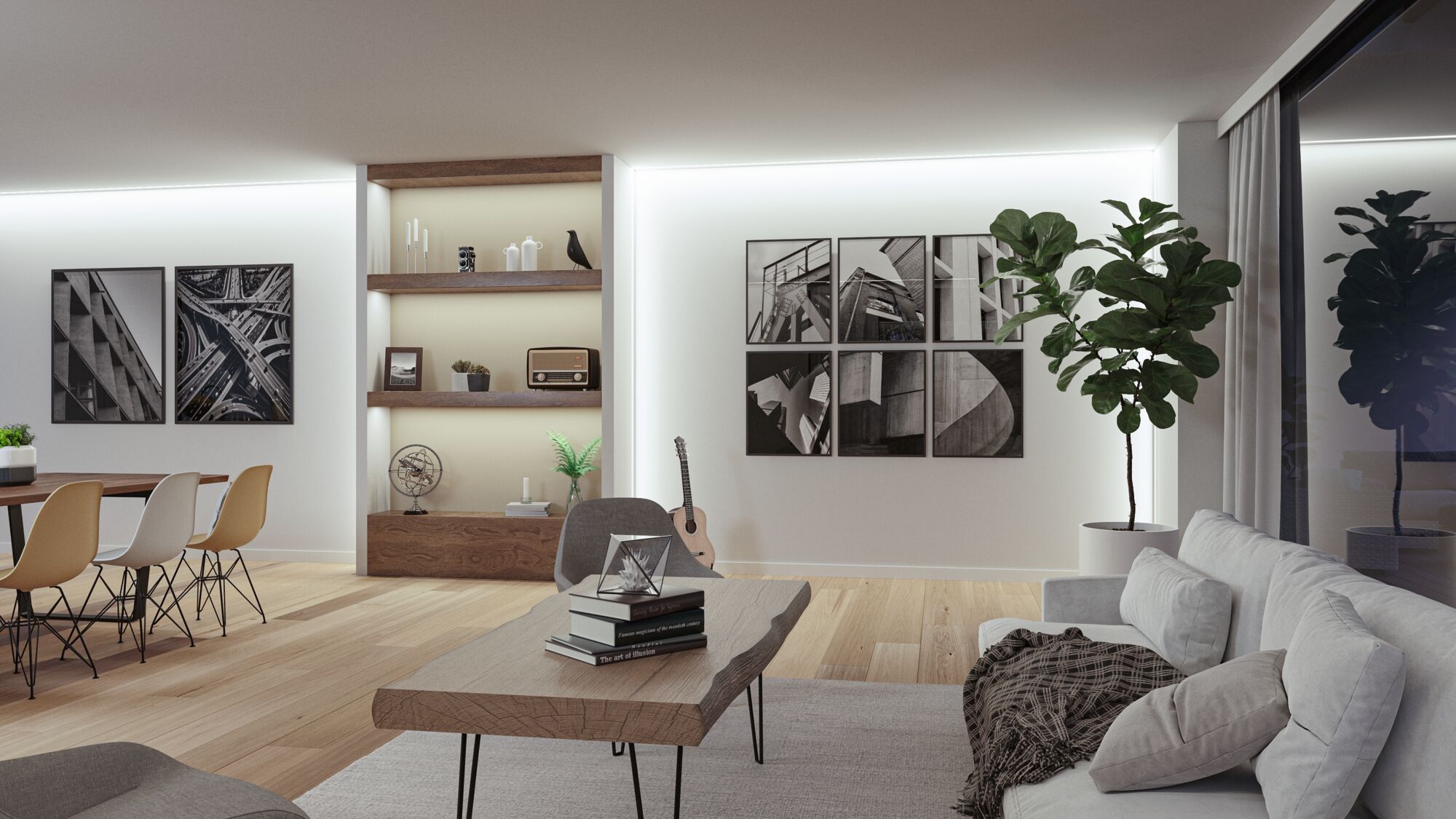 Modern living room with wooden shelving, LED wall lighting, and black and white abstract photos