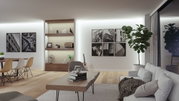 Modern living room with wooden shelving, LED wall lighting, and black and white abstract photos