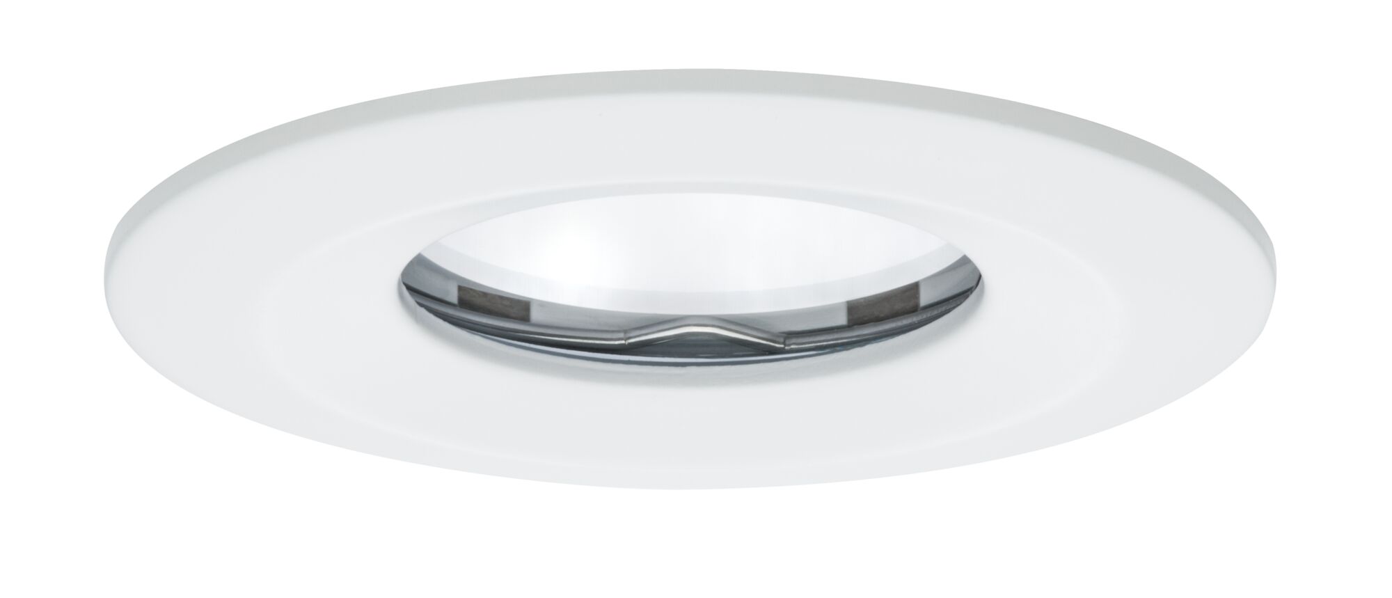 Round recessed spotlight housing in white plastic with chrome inner ring for LED lighting