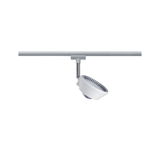 White plastic LED spotlight on silver track for flexible indoor lighting solutions