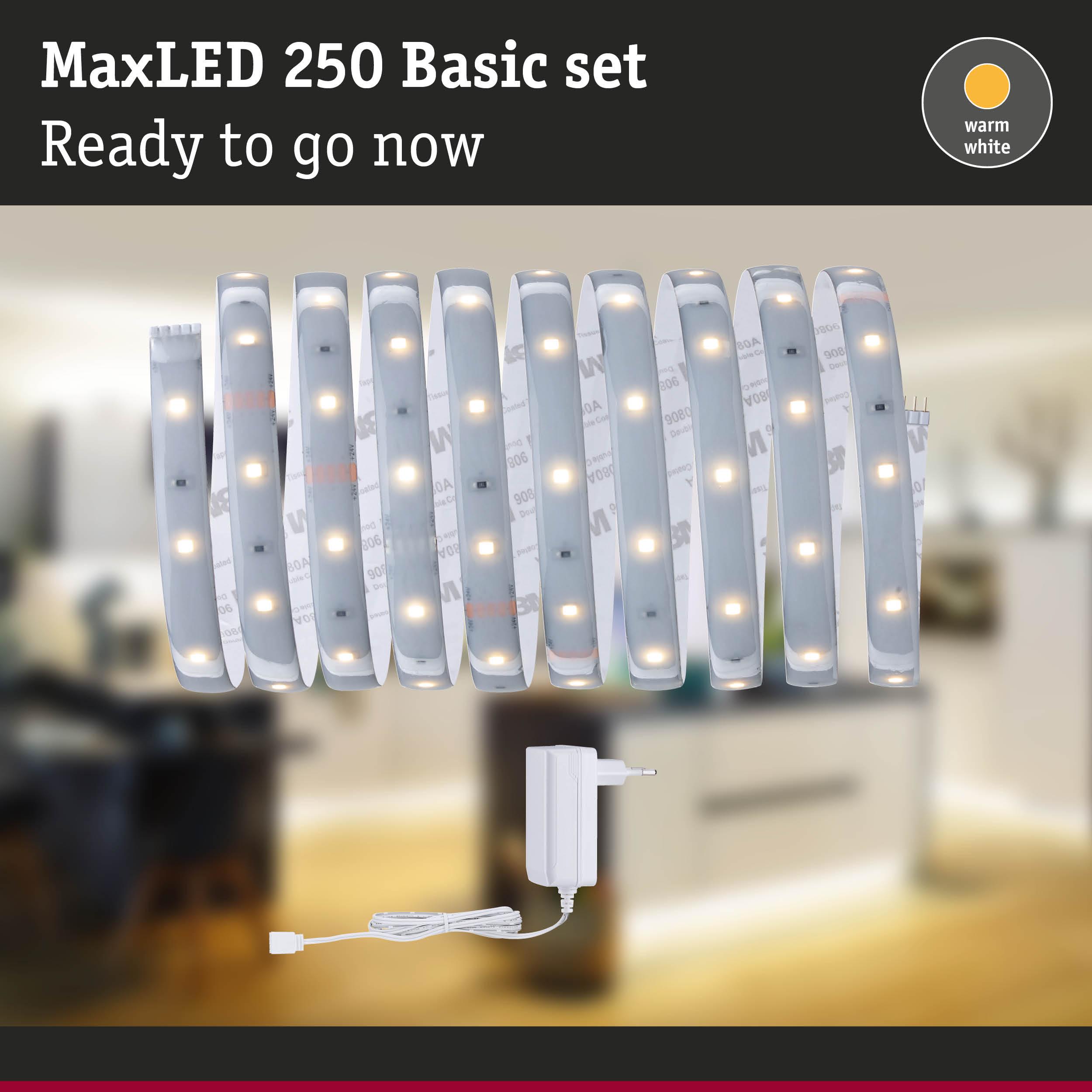 MaxLED 250 Basic set with warm white LED strips and power adapter for versatile home lighting