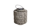 Lantern with grey woven material and black handle, decorative outdoor lighting accessory