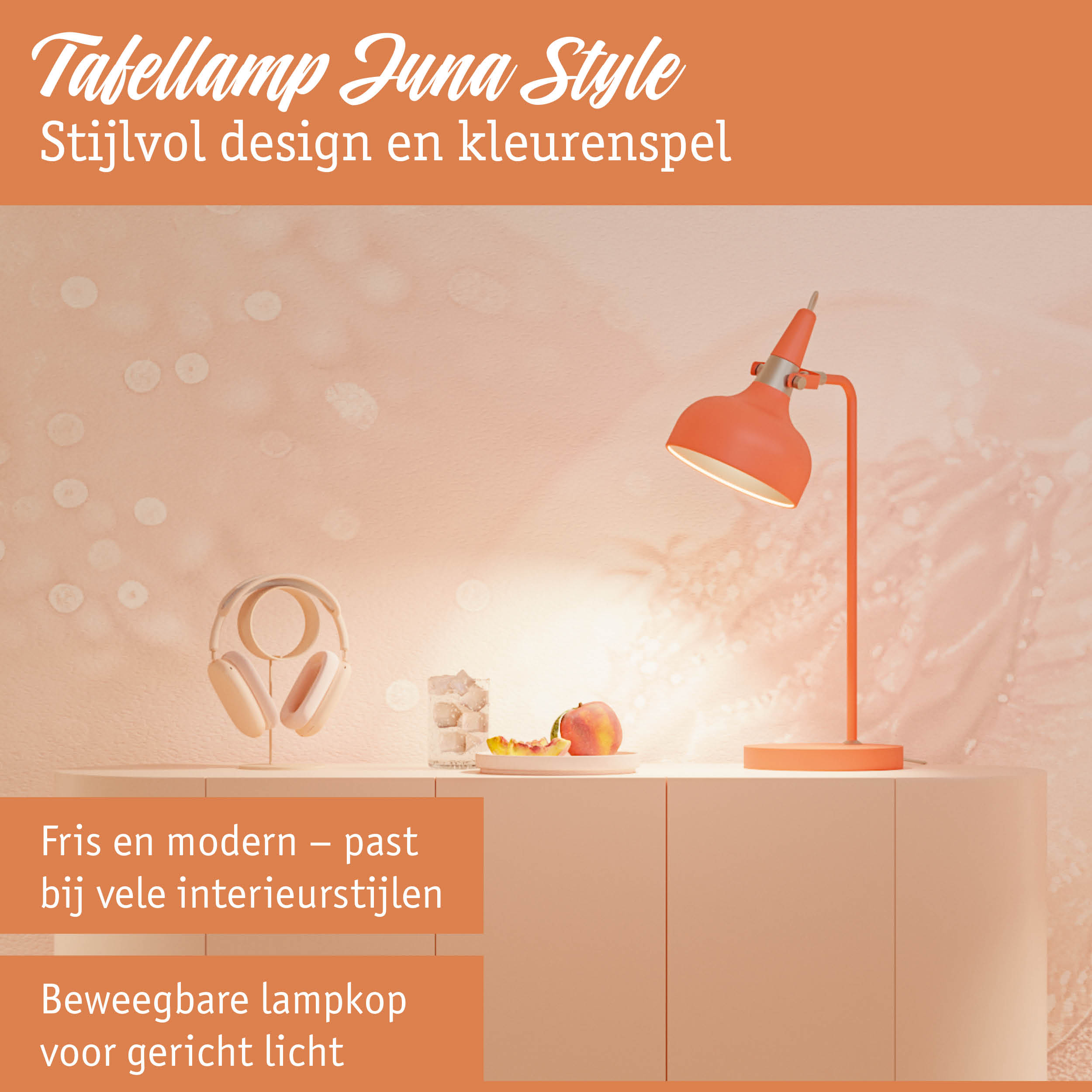 Oranje Juna Style tafellamp met verstelbare lampenkop voor gericht licht in moderne interieurs